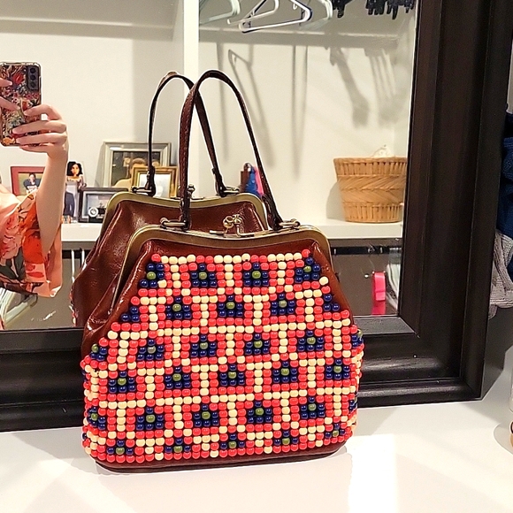 Mint Top handle purse Patricia Nash Leather Laureana Beaded Frame - Picture 3 of 10